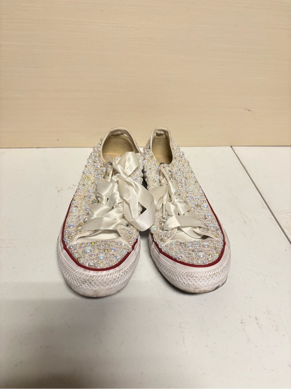 Converse Kids White Pearl-Embellished Sneakers with Satin Laces